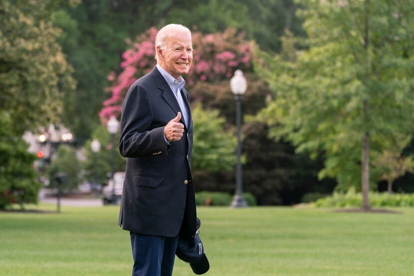 President Joe Biden walks to board Marine One on the South Lawn of the White House in...