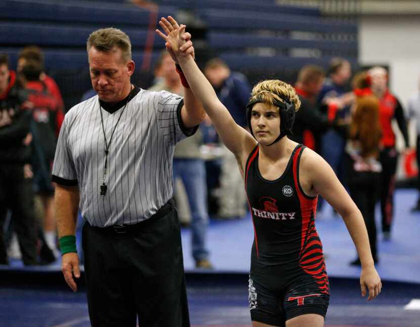 Euless Trinity's Mack Beggs was announced as the winner of a semifinal match after he pinned...