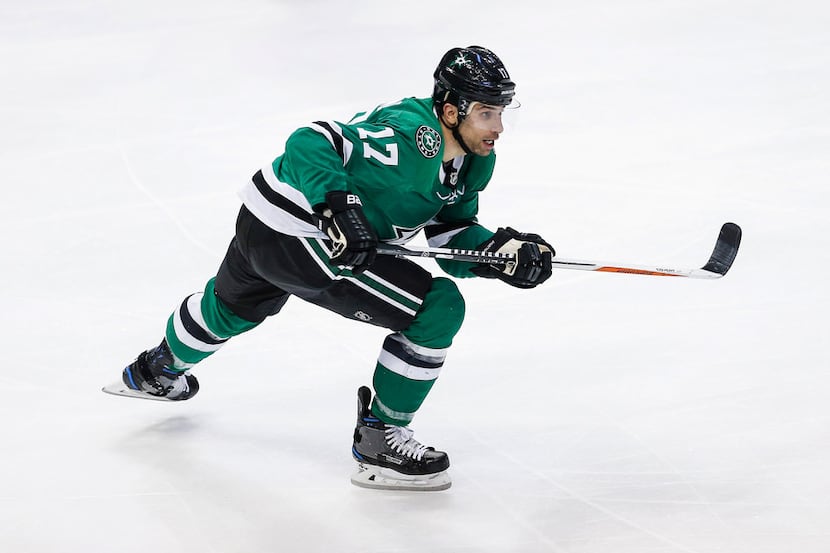 Dallas Stars forward Andrew Cogliano (17) looks on during the second period of an NHL hockey...