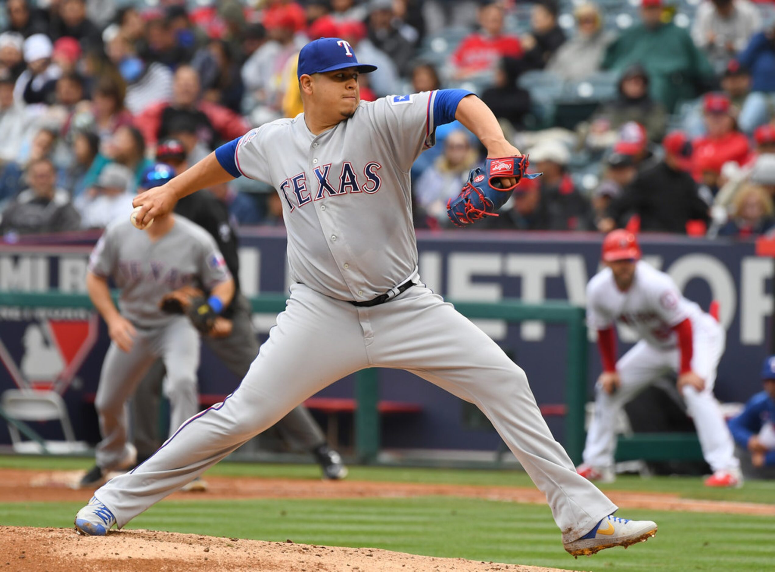 ANAHEIM, CA - MAY 26: Ariel Jurado #57 of the Texas Rangers pitches in the fifth inning of...