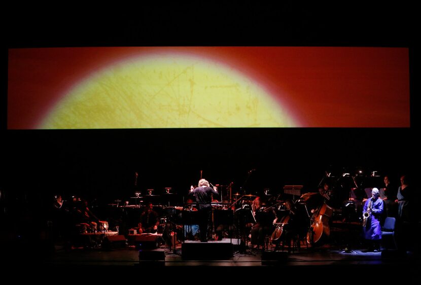 The orchestra plays during a dress rehearsal of Arjuna's Dilemma at the Winspear Opera House...