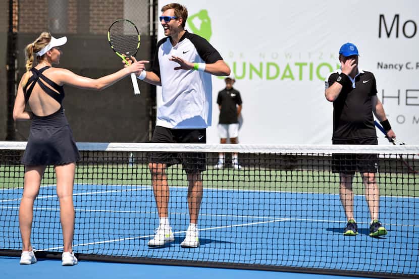 Dallas Mavericks power forward Dirk Nowitzki reacts to a call while playing with UNT tennis...