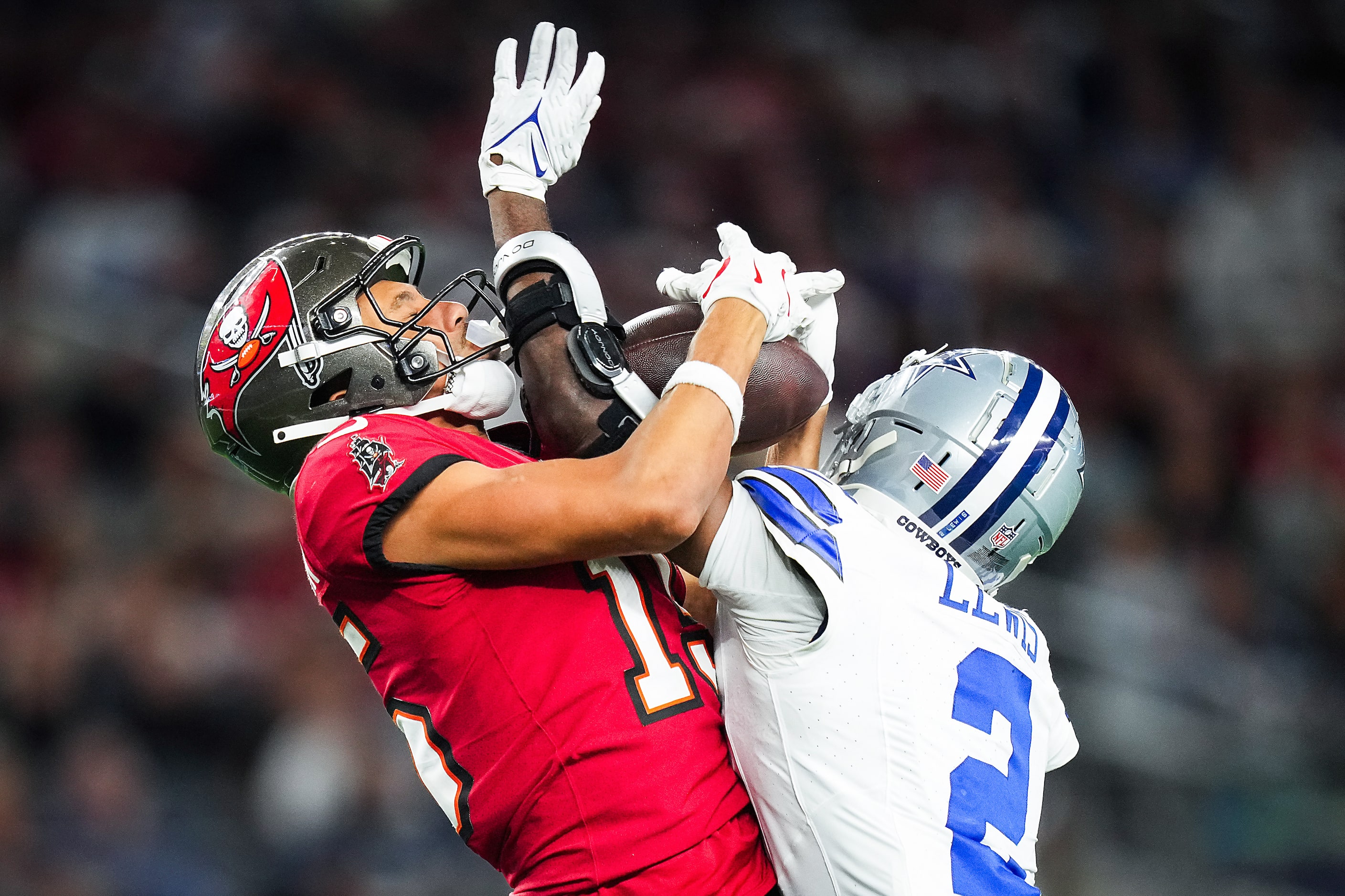 Dallas Cowboys cornerback Jourdan Lewis (2) intercepts a pass intended for Tampa Bay...