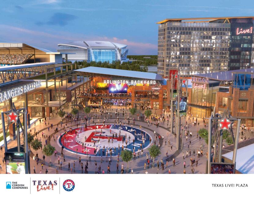 An artist's rendering shows the planned Texas Live! plaza adjacent to a new Rangers ballpark...