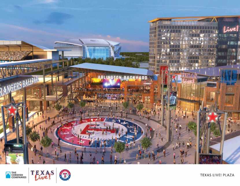 An artist's rendering shows the planned Texas Live! plaza adjacent to a new Rangers ballpark...