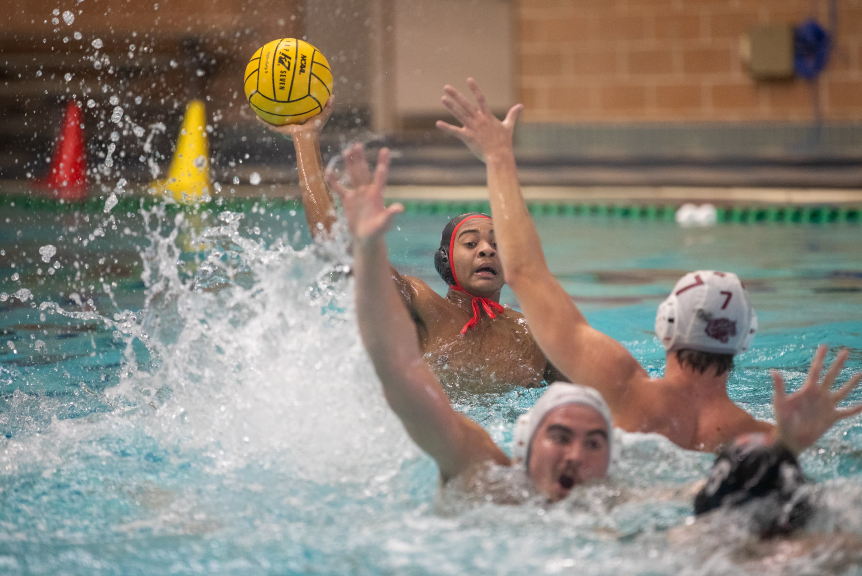 Flower Mound Marcus 2-meter Deven Lloyd is pressured by Clear Creek attacker Gabe Istre...