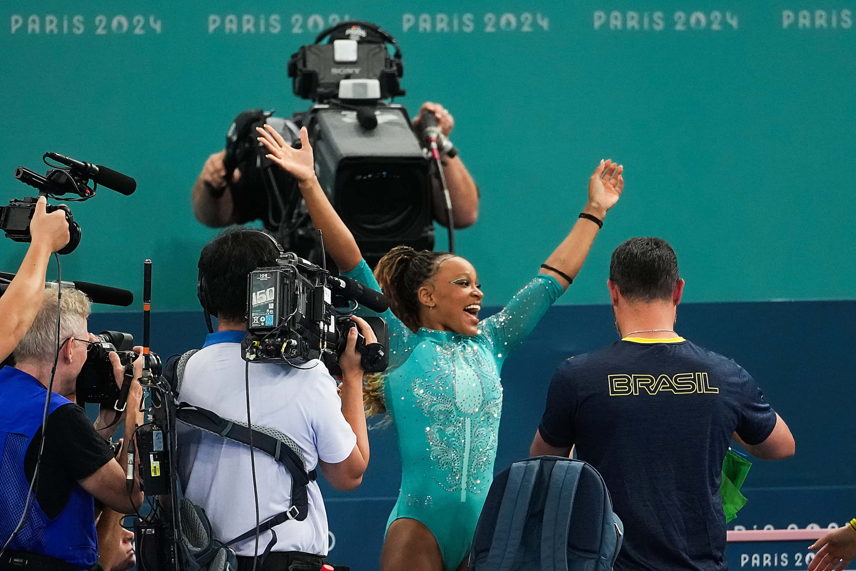 Gold medalist Rebeca Andrade of Brazil celebrates after winning the women’s floor exercise...