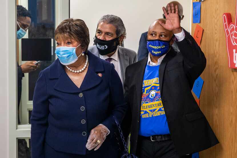 From left, Congresswoman Eddie Bernice Johnson, Superintendent Dr. Michael Hinojosa, and...