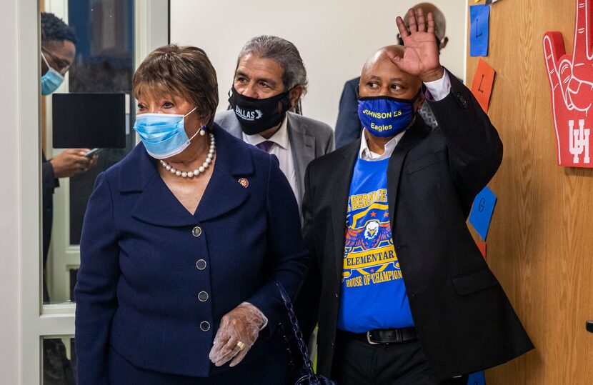 From left, Congresswoman Eddie Bernice Johnson, Superintendent Dr. Michael Hinojosa, and...