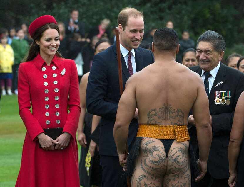 Britain's Prince William and his wife Catherine meet a Maori warrior during a welcoming...