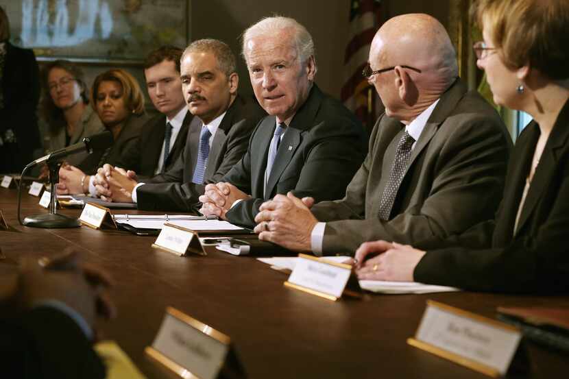 WASHINGTON, DC - JANUARY 09:  U.S. Vice President Joe Biden (3rd R) makes brief remarks to...