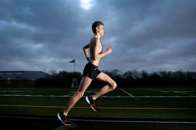 Southlake Carroll track runner Caden Leonard is pictured at the schools track in Southlake,...