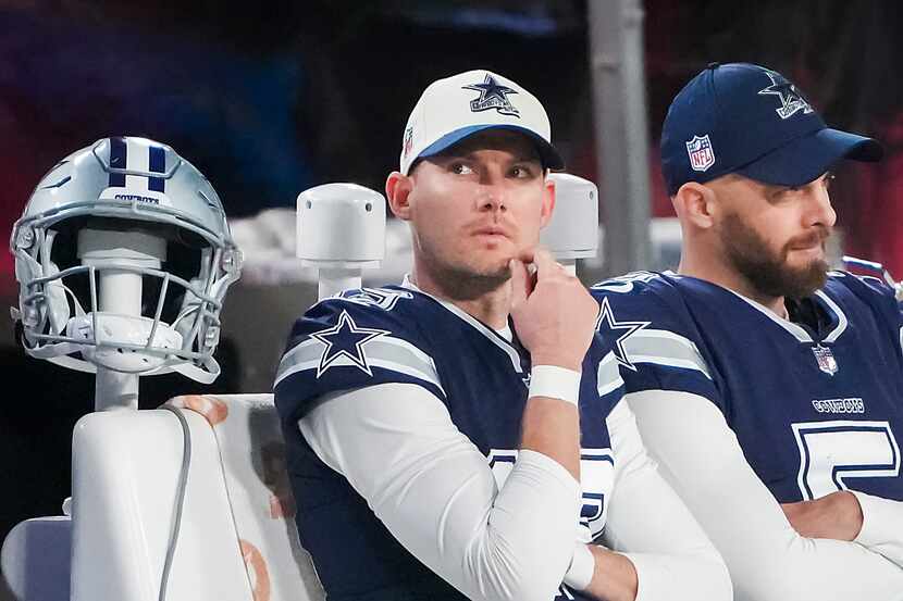 Dallas Cowboys place kicker Brett Maher (19) looks on from the bench after missing his...