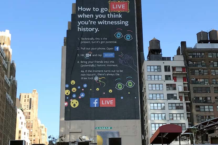 This Nov. 16, 2016, photo shows a Facebook Live billboard on the side of a building near New...