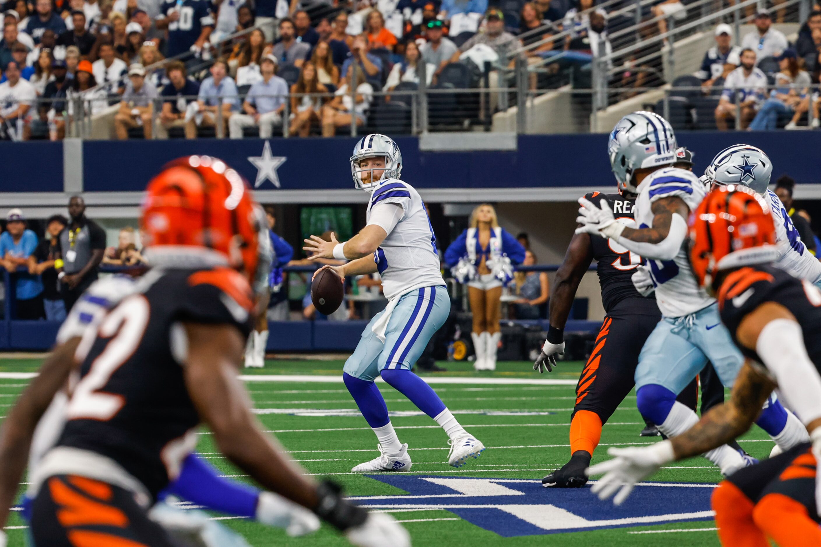 Dallas Cowboys quarterback Cooper Rush (10) attempts a long pass against the Cincinnati...