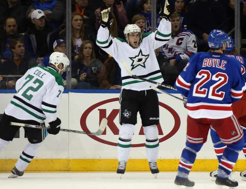 NEW YORK, NY - FEBRUARY 08: Ales Hemsky #83 of the Dallas Stars (r) celebrates a second...