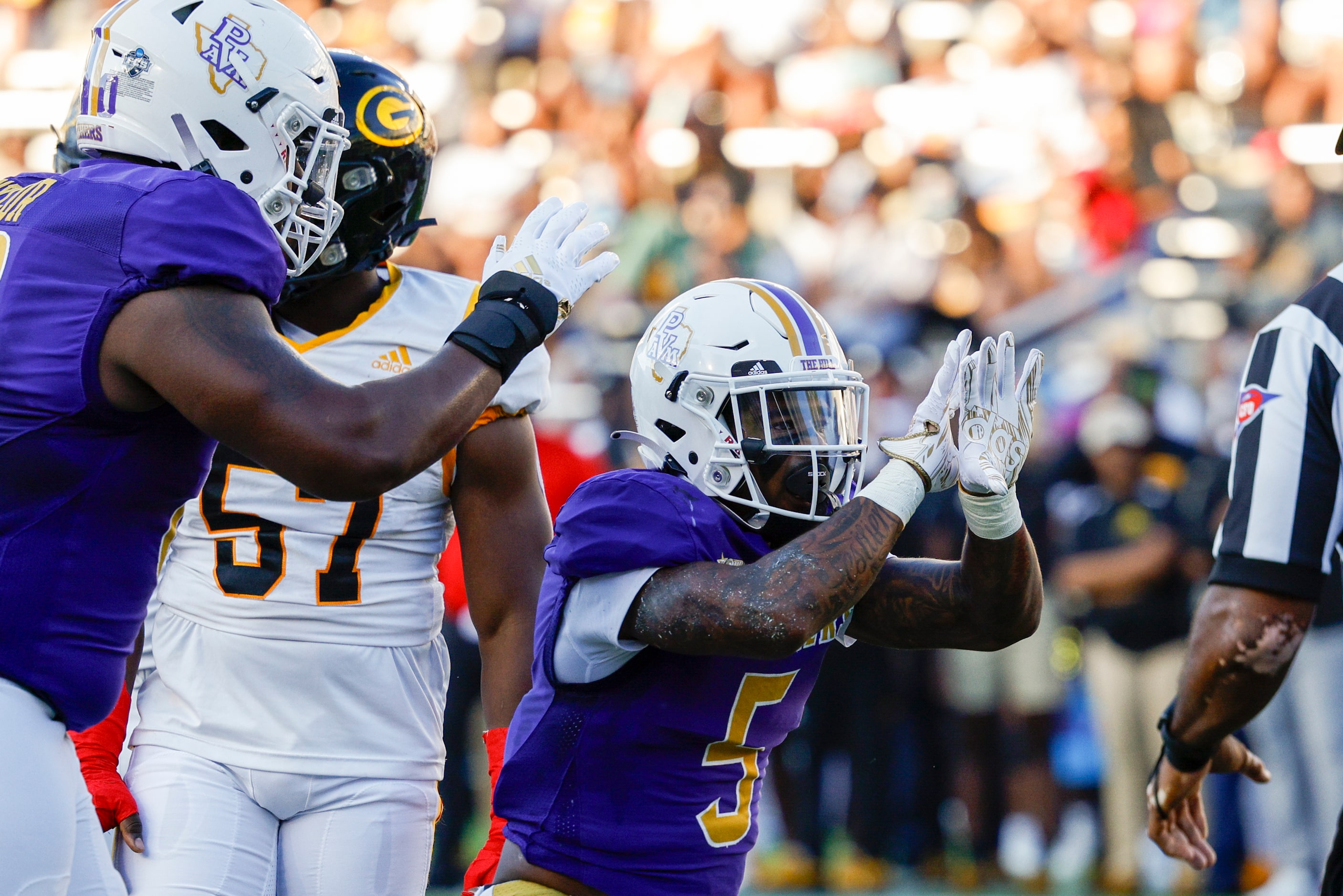 Prairie View A&M running back Ahmad Antoine (5)  celebrates after rushing for a touchdown...