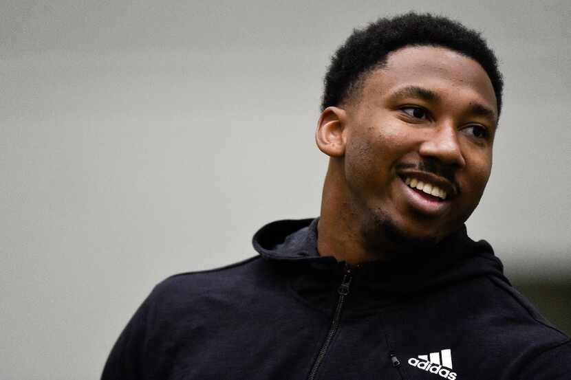 Former Texas A&M defensive end Myles Garrett smiles during Texas A&M Pro Day at the NCAA...