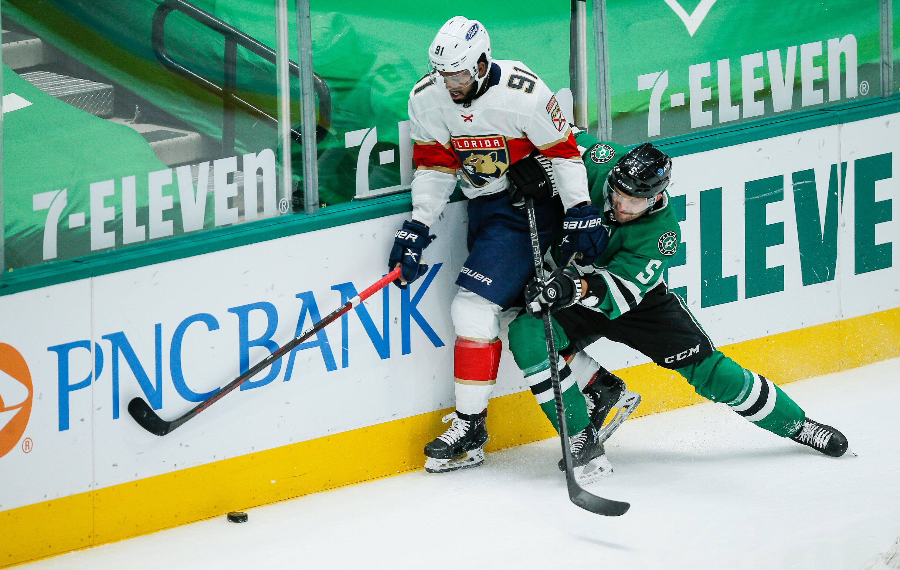 Dallas Stars defenseman Andrej Sekera (5) checks Florida Panthers forward Anthony Duclair...