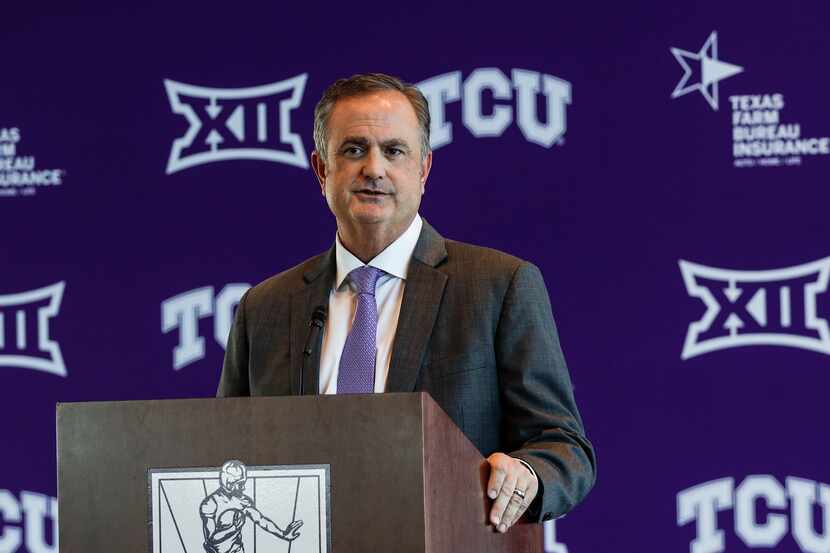 Texas Christian University's head football coach, Sonny Dykes, speaks at a news conference...