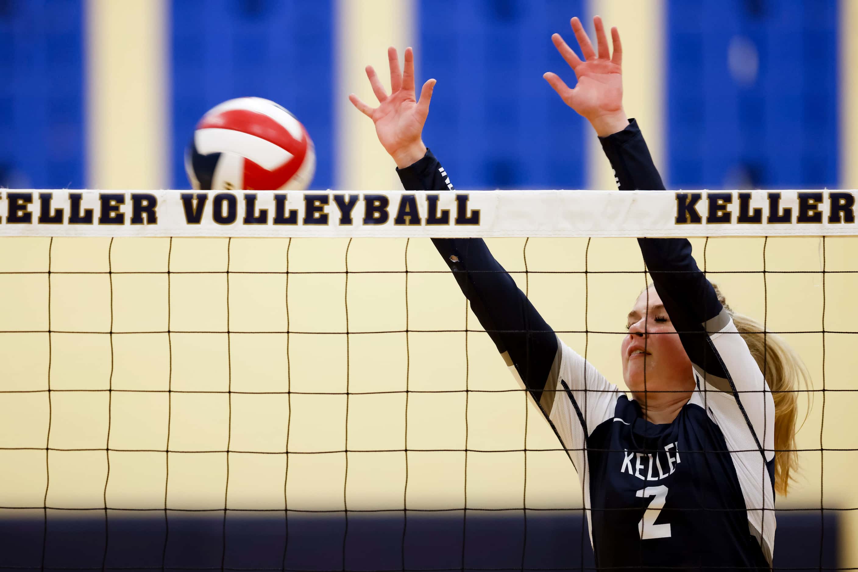 Keller’s Taylor Polivka (2) attempts to return a Southlake Carroll hit during the second set...