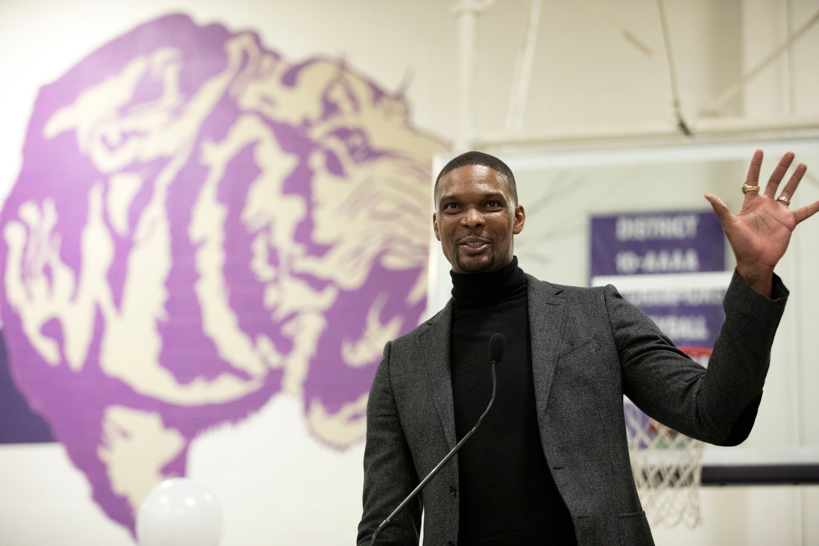 NBA Hall-of-Famer and Dallas native Chris Bosh speaks at his alma mater, Lincoln High School...