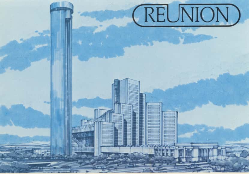 An early design for the Reunion Tower and Hyatt Hotel was a combination of concrete and glass.