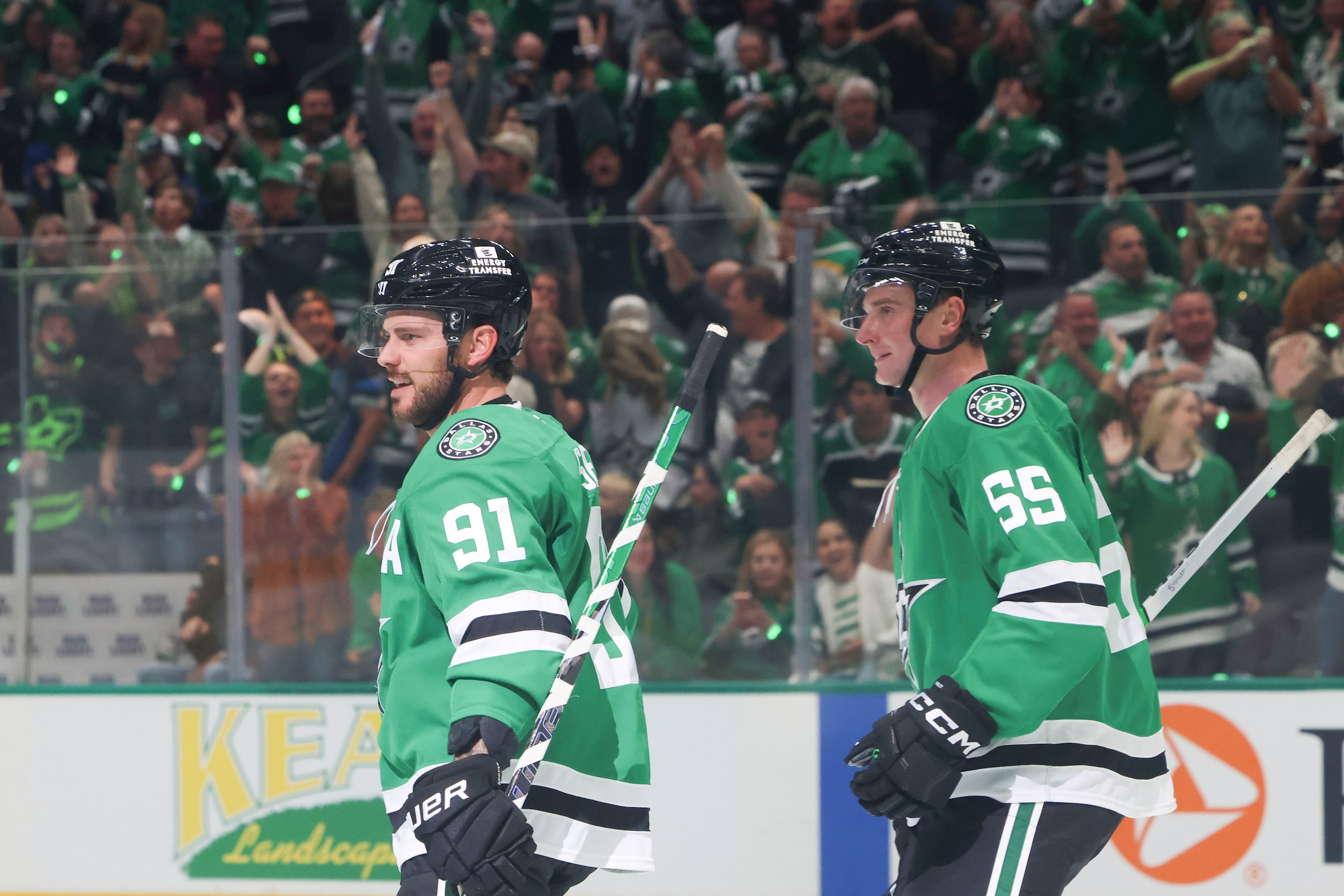 Dallas Stars center Tyler Seguin (91) celebrates his goal with his teammates during the...