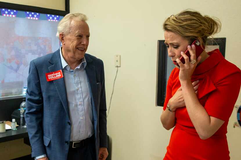 District 32 congressional candidate Genevieve Collins (right) takes a congratulatory phone...