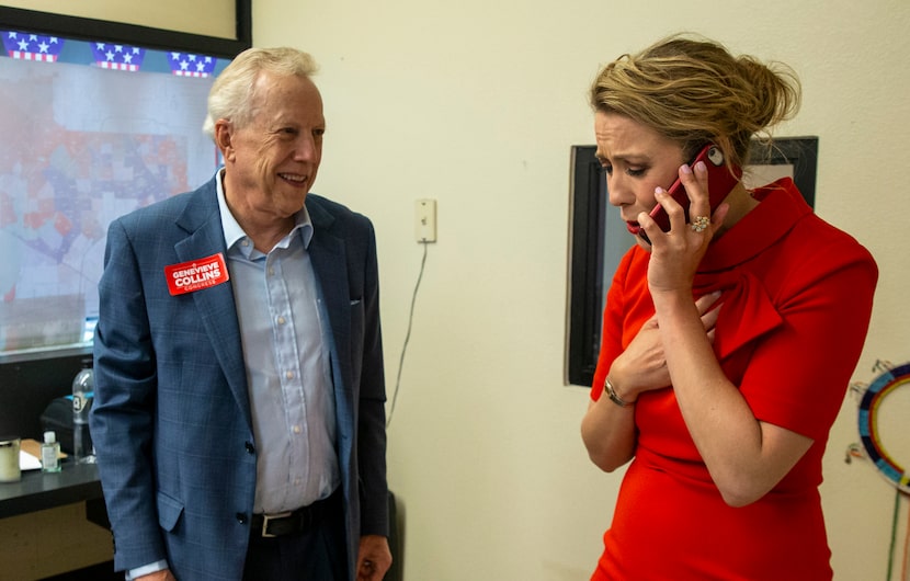 District 32 congressional candidate Genevieve Collins (right) takes a congratulatory phone...