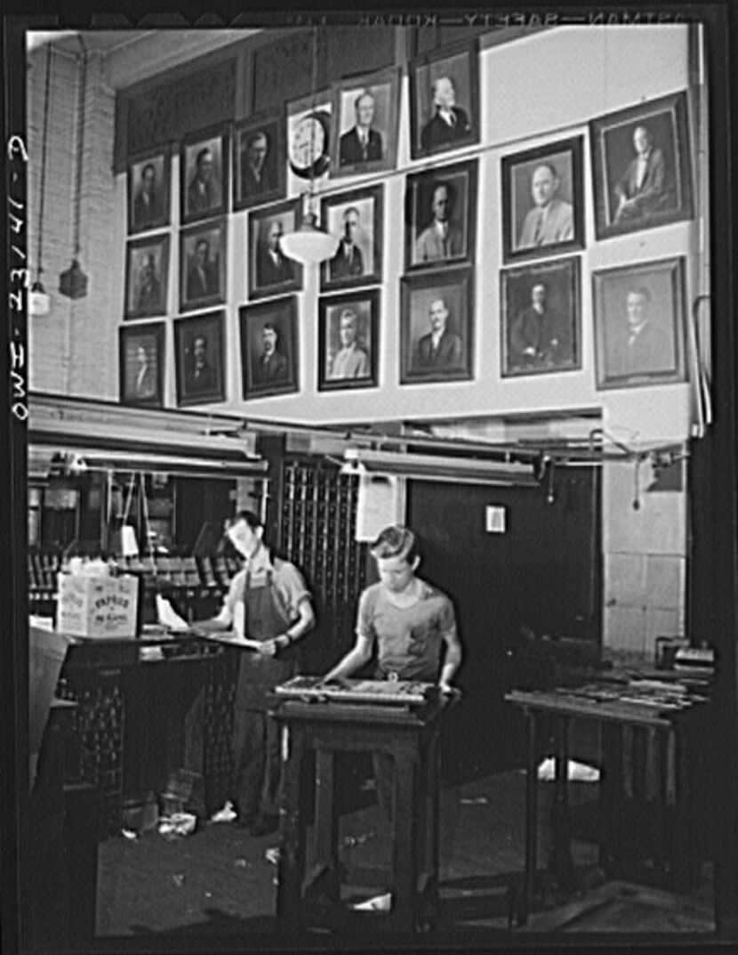 Composing room at The Dallas Morning News in 1943. Pictures on the wall are of men who...