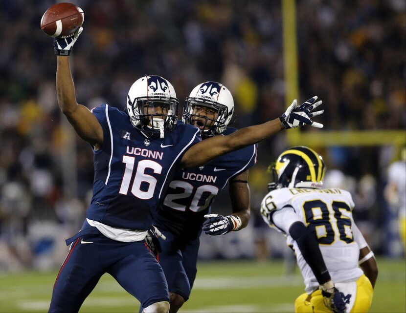 Sep 21, 2013; East Hartford, CT, USA; Connecticut Huskies cornerback Byron Jones (16) reacts...