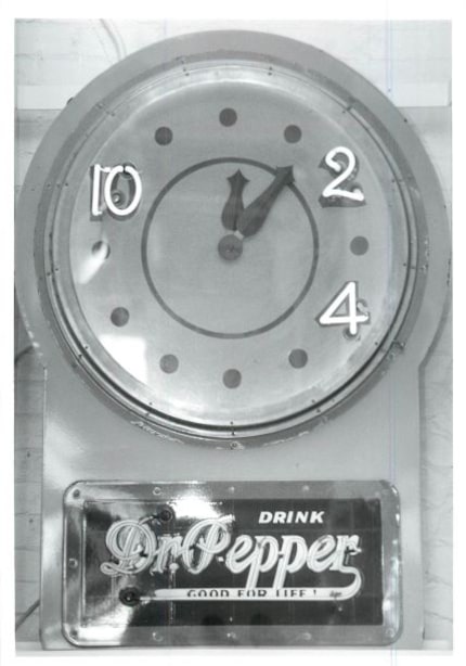 A clock representing the famous 10, 2, and 4 motto of Dr Pepper soda is one of the displays...