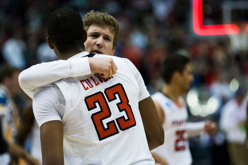 Texas Tech Red Raiders celebrates a 69-66 win in a second round NCAA men's basketball...