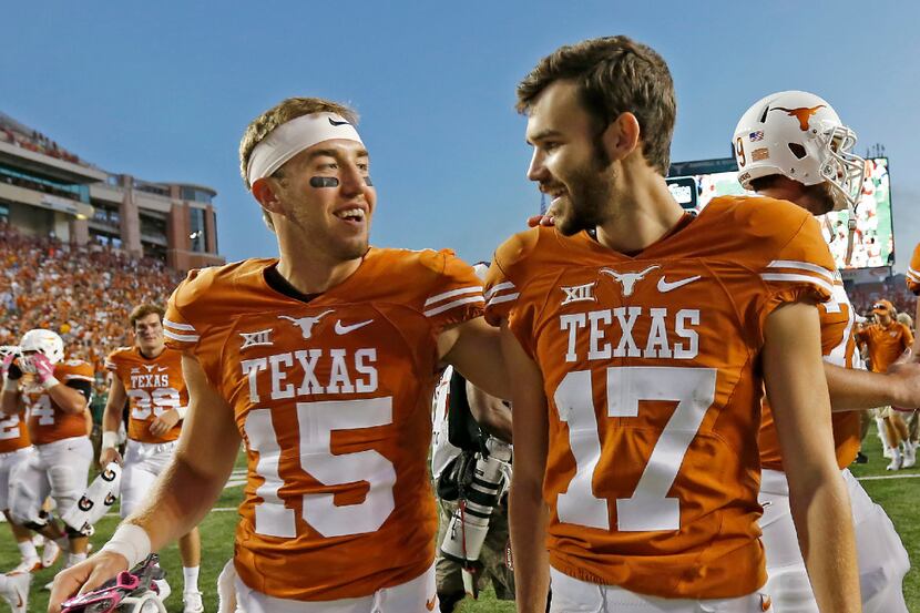 Texas place kicker Trent Domingue (17) and holder Trey Holtz (15) celebrate a 35-34 win over...