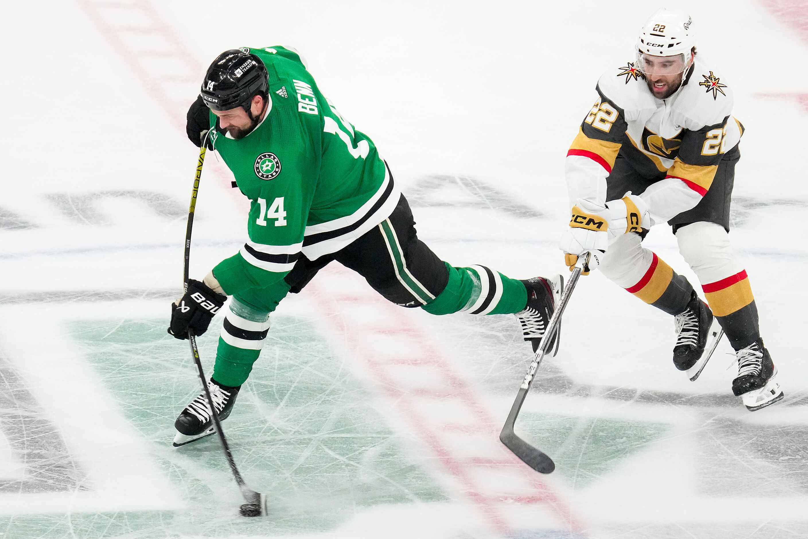 Dallas Stars left wing Jamie Benn (14) takes a shot past Vegas Golden Knights right wing...