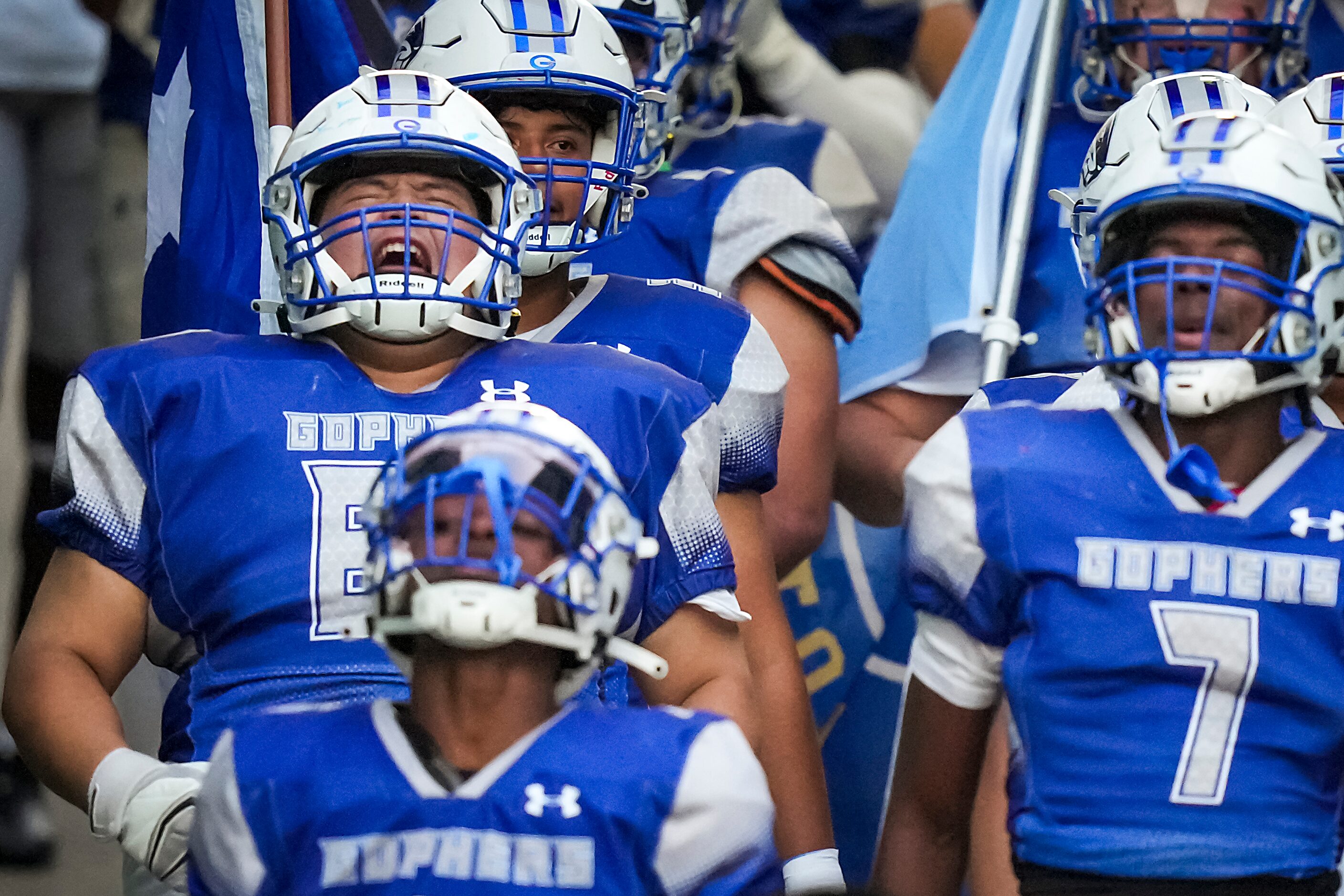 Grand Prairie Jullan Maldonado offensive lineman (67) lets out a yell as they team takes the...