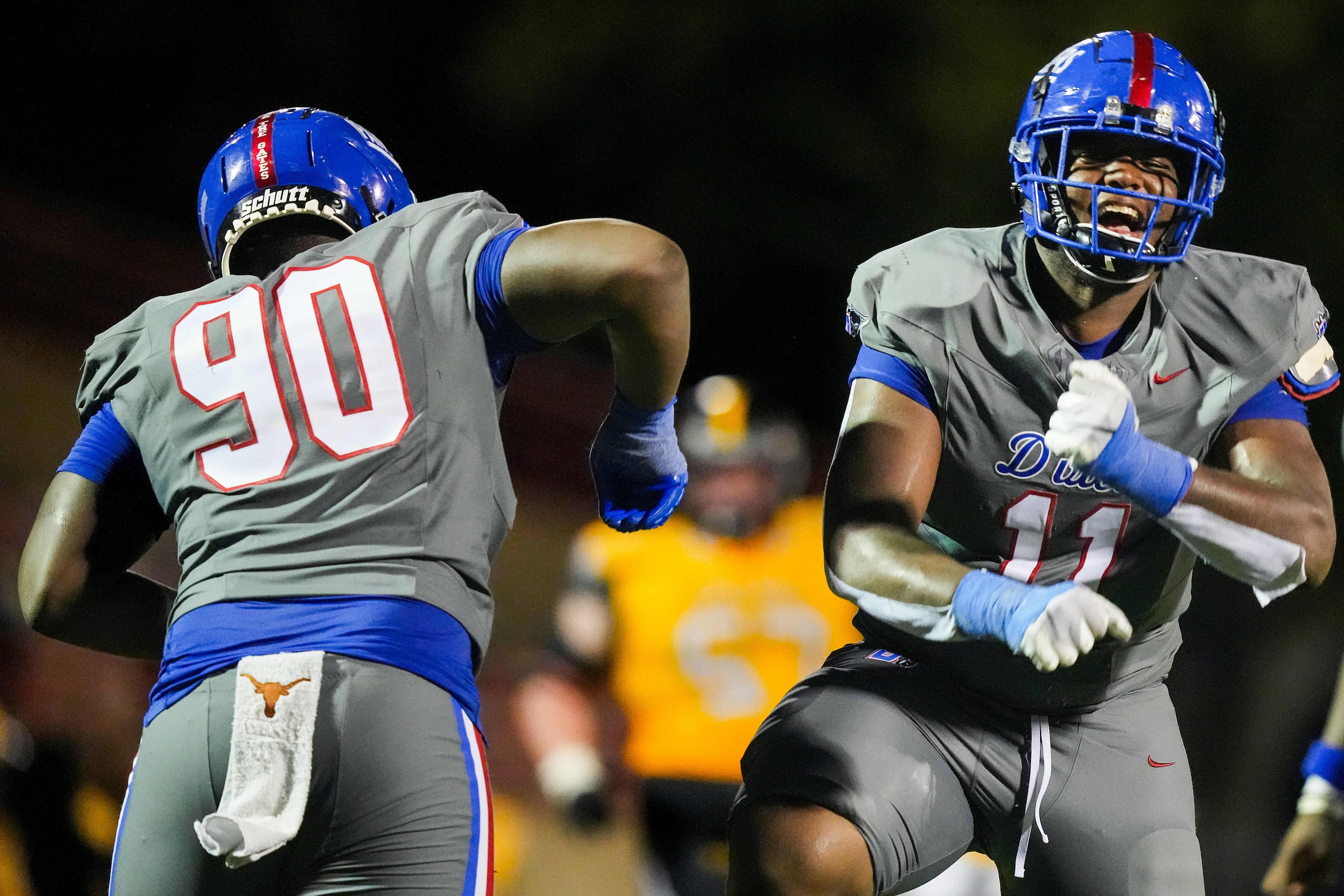 Duncanville defensive lineman AJ Brown (11) celebrates after a defensive stop during the...