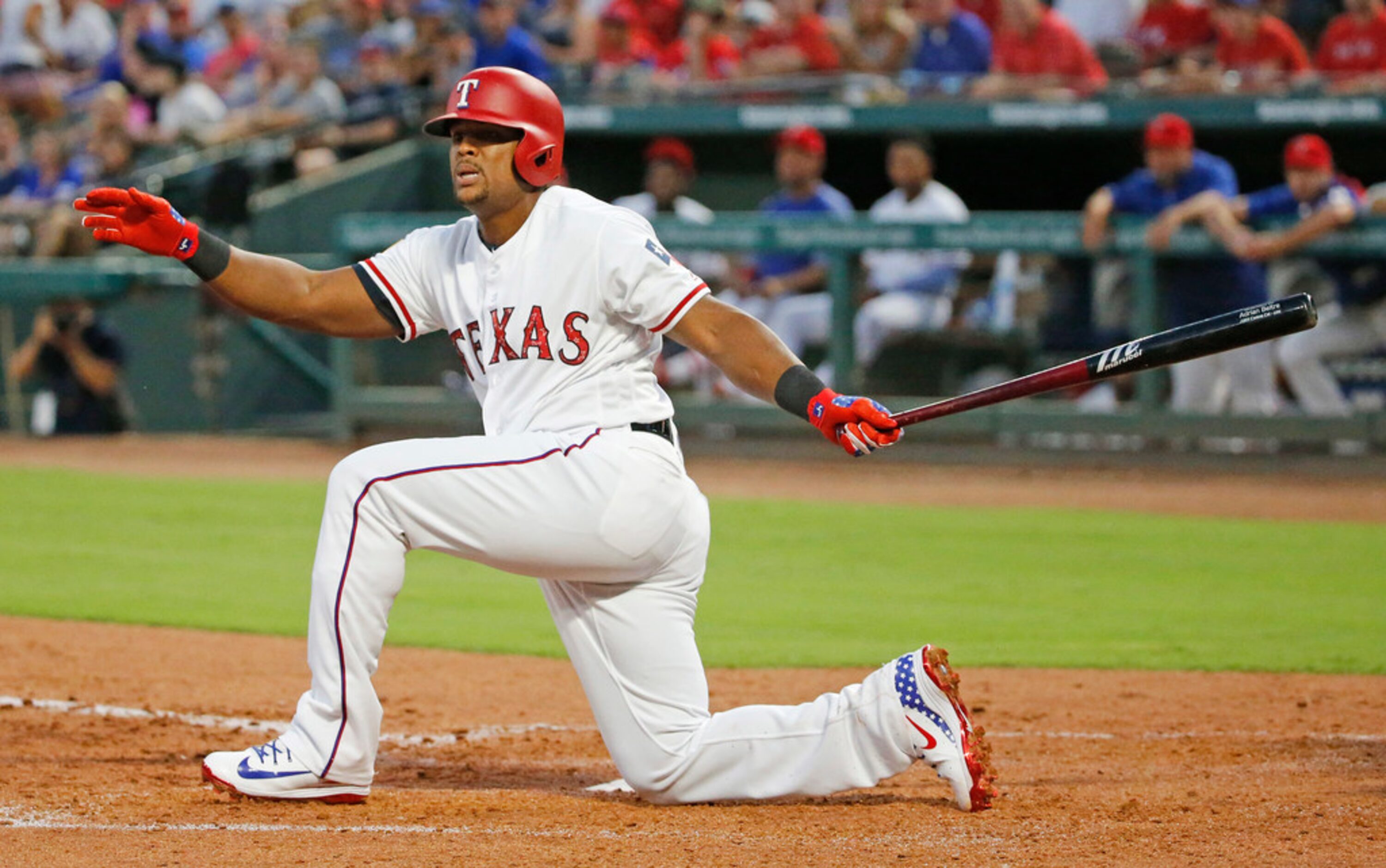 Texas Rangers third baseman Adrian Beltre (29) fouls off a fourth inning pitch during the...