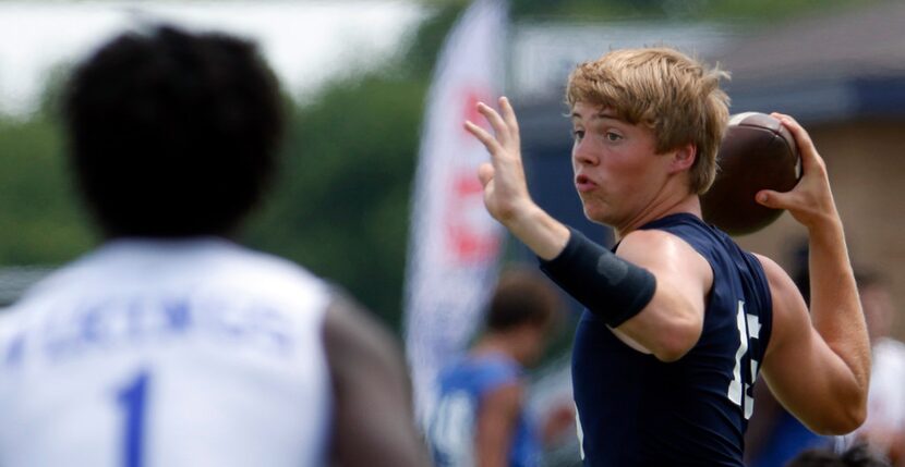 Fort Worth All Saints quarterback Clark Hillman (15) looks to complete a pass across the...