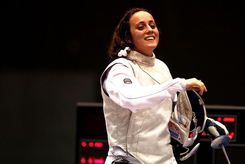 Mona Shaito of Lebanon celebrates the win after in the Women's Foil final on day one of the...