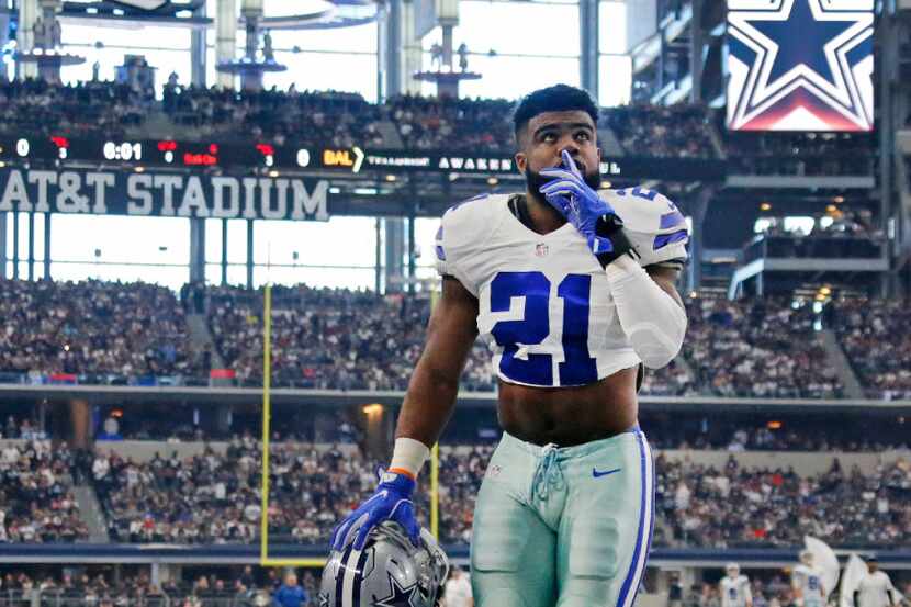 Dallas Cowboys running back Ezekiel Elliott (21) is pictured in the end zone before the...