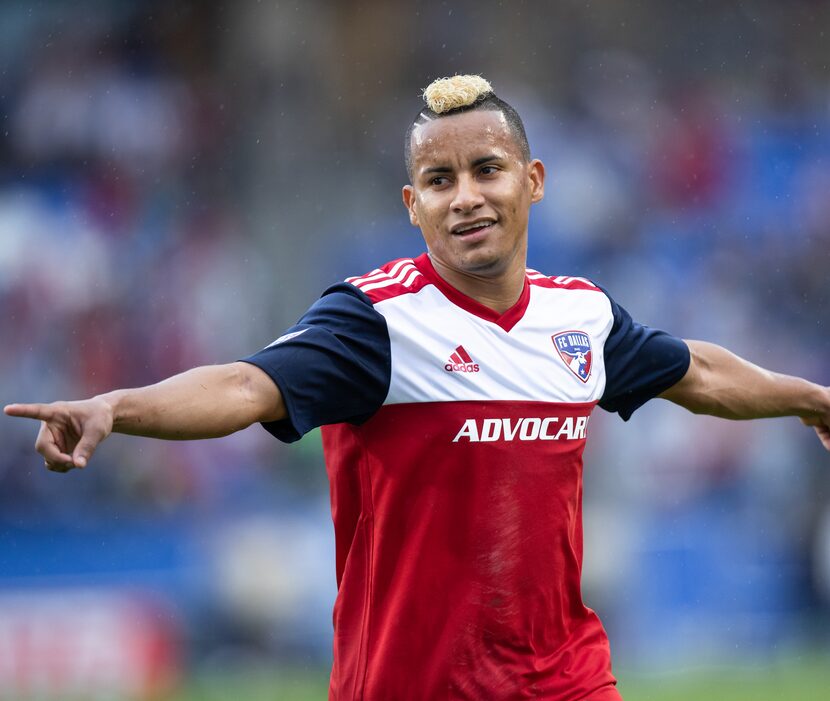 FRISCO, TX - MARCH 23: FC Dallas midfielder Michael Barrios (#21) celebrates his first half...