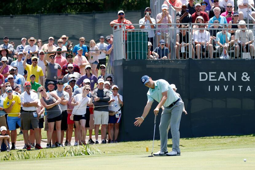 Jordan Spieth watches his putt on the ninth hole during Round Two of the Dean & DeLuca...