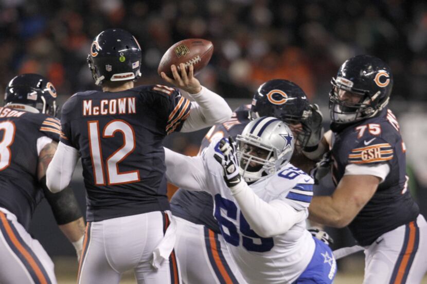 Dallas Cowboys defensive tackle Corvey Irvin (69) just misses a sack against Chicago Bears...