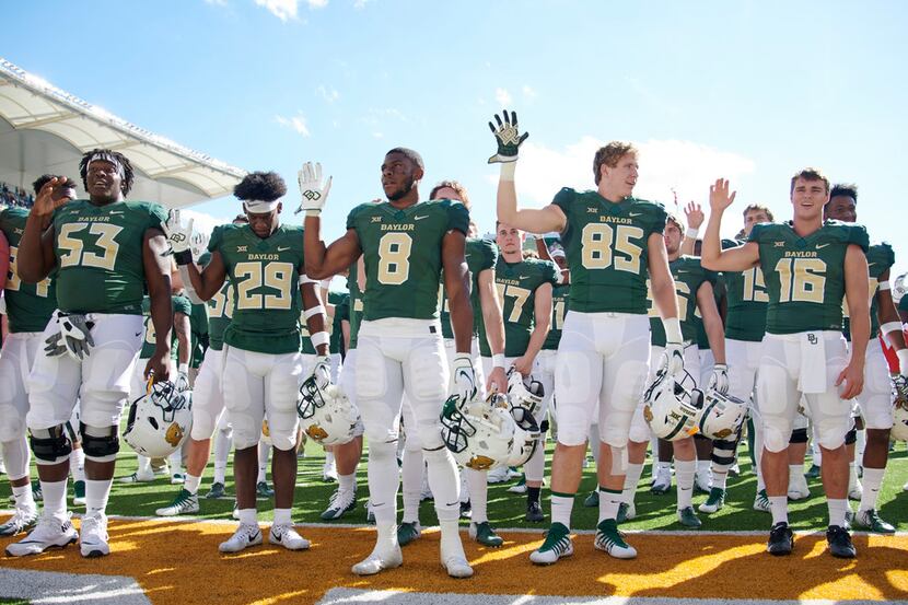 WACO, TX - NOVEMBER 3:  The Baylor Bears celebrate after defeating the Oklahoma State...