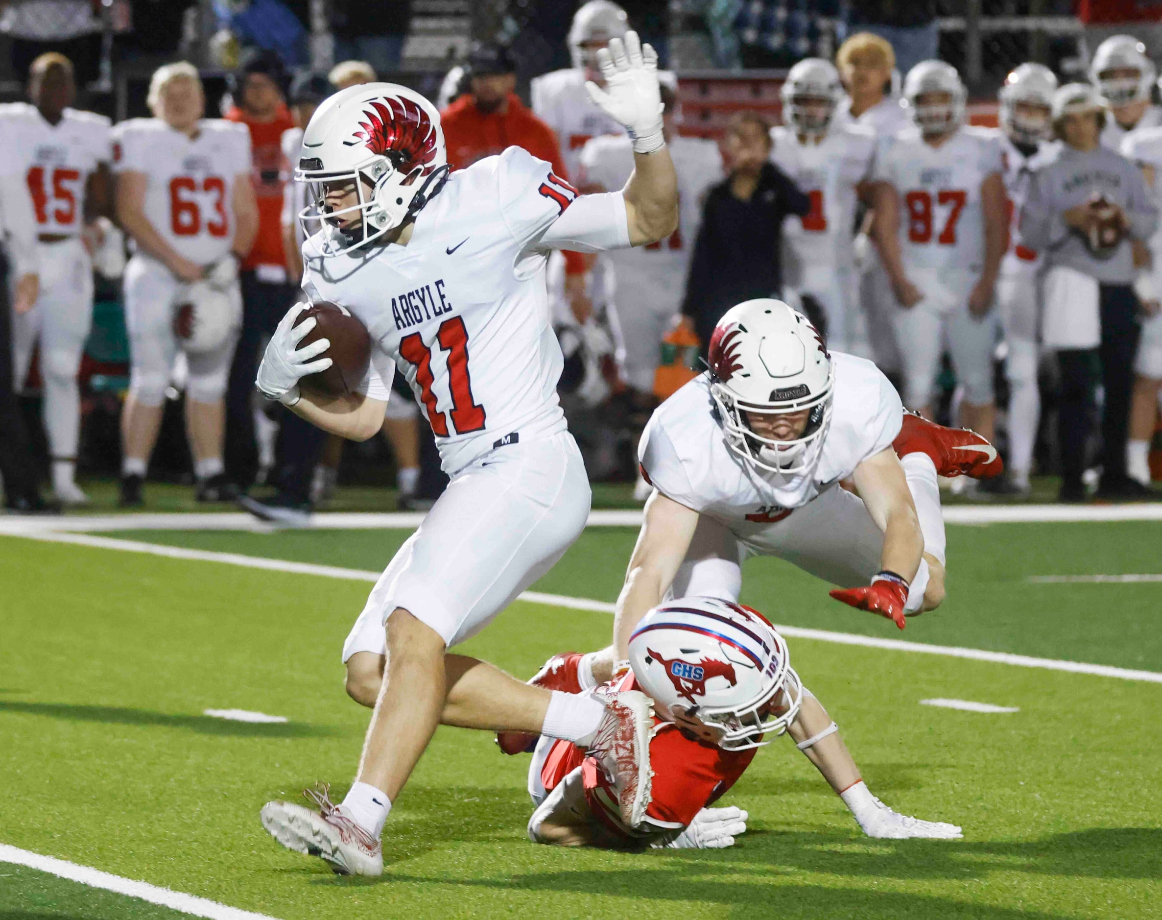 Argyle High’s RJ Bunnell (11), runs to complete a touchdown during the second half of a...