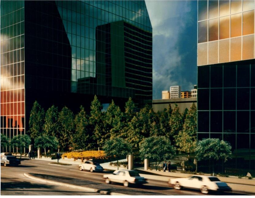 A photo of the original model of the Fountain Place block showing two matching towers...