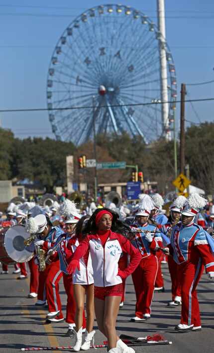 Members of the Dallas Carter Band performed during the MLK Day parade near Fair Park in...