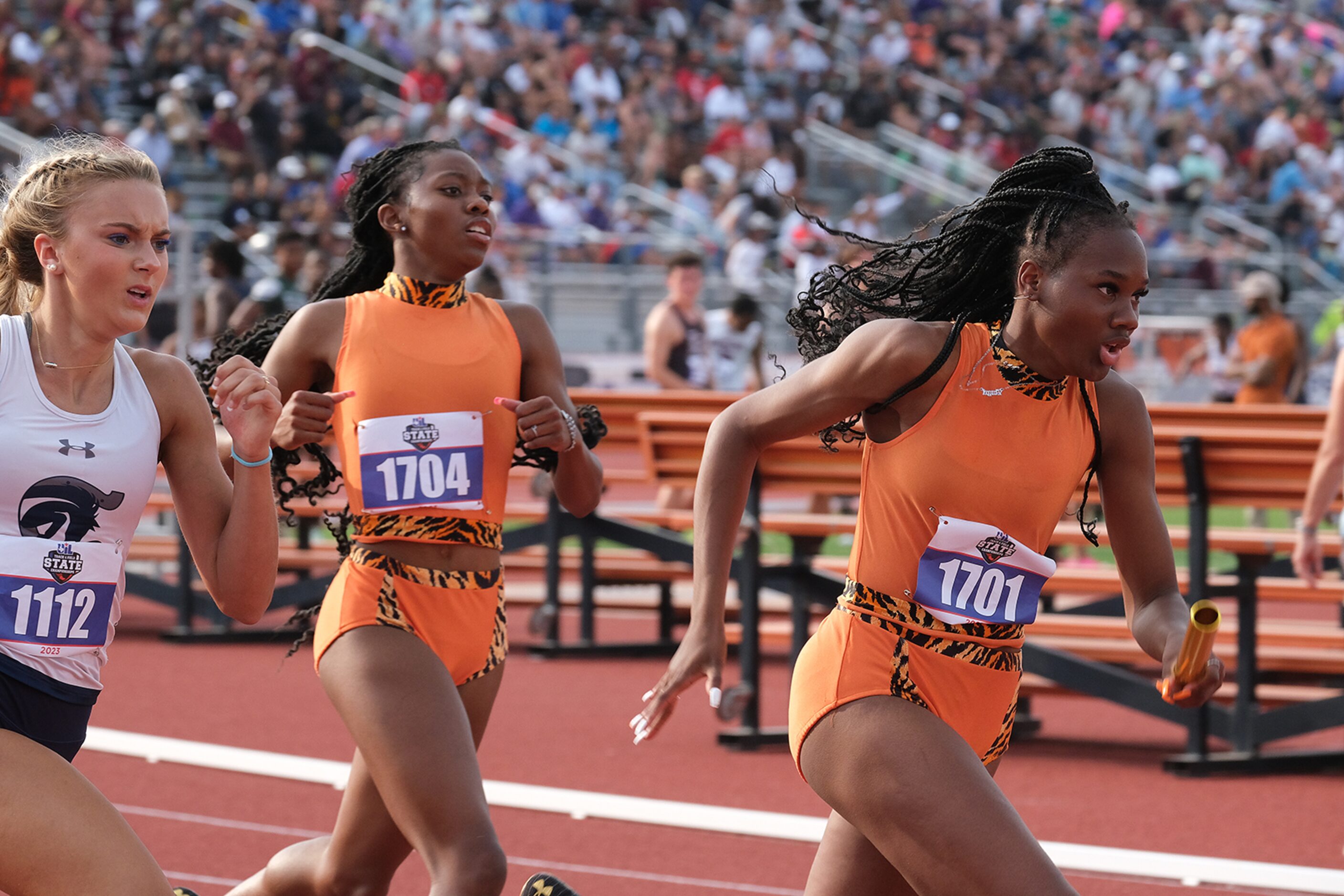 The team from Lancaster competes in the 4x200M relay at the UIL State track championships at...